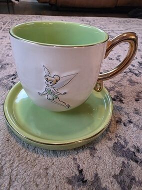 Rae Dunn Disney Tinker Bell Cup and Saucer White Green Gold Handle